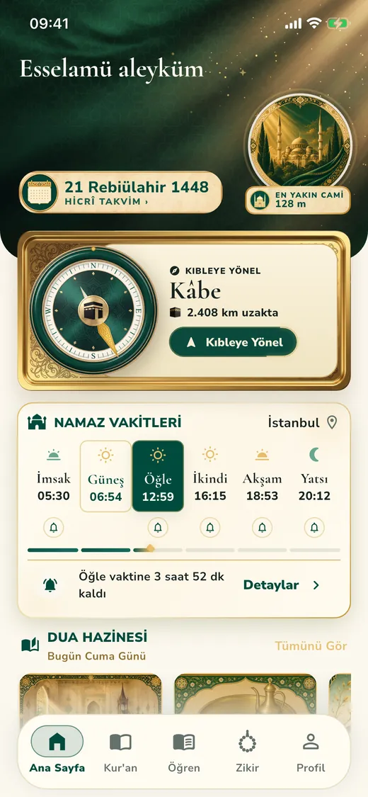 ibbadah ana sayfası: Hicri tarih, en yakın cami, kıble kartı ve İstanbul için günün namaz vakitleri