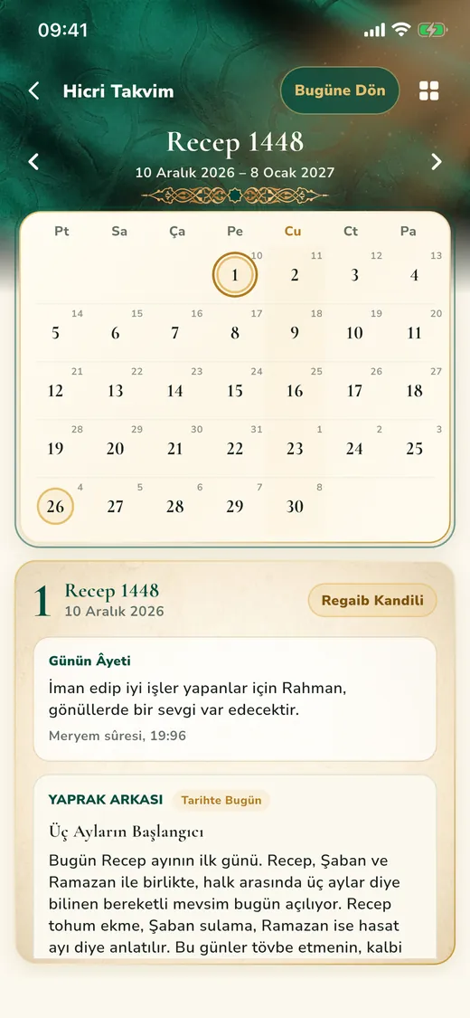 Hicri takvimde Recep 1448; 10 Aralık 2026 (1 Recep 1448) Regaib Kandili olarak işaretli