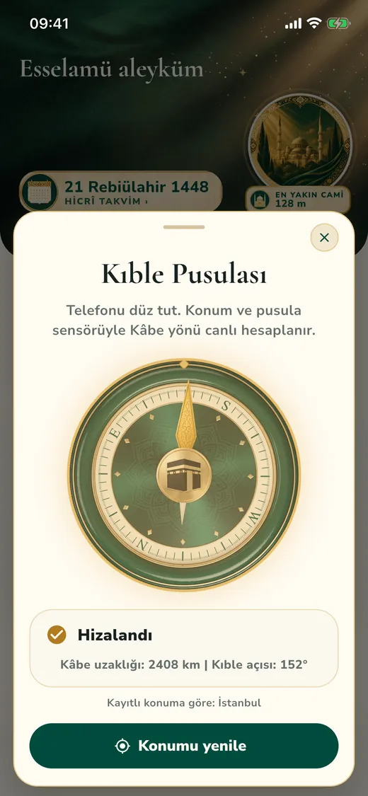Kıble pusulası: yön hizalandı, Kâbe'ye uzaklık 2408 km