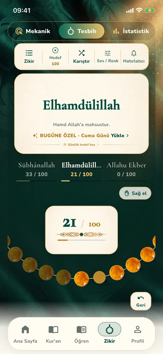 Zikirmatik: Elhamdülillah 21/100, altta tesbih boncukları