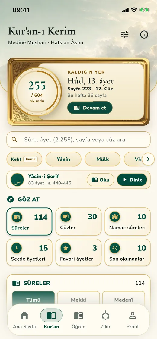 Kur'an sekmesi: kaldığın yer, arama ve göz at bölümü